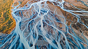 A glacial rivers from above. Aerial photograph of the river streams from Icelandic glaciers. Beautiful art of the Mother nature