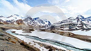 Glacial water from the Athabasca Glacier in the Columbia Icefields flowing into the Athabasca River in Jasper National Park