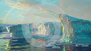 Glacial waters carry iridescent icebergs under a rainbow sky, their crystal forms reflecting a spectacle of light