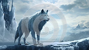 Glacial wolf stands vigil on an icy plateau