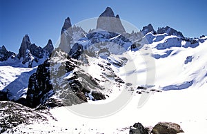 a glaciated and snow covered mountain landscape in Patagonia with the famous Cerro Fitz Roy photo