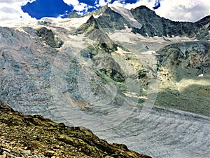 A glacier in the Alps, in summer