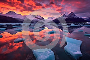 glacier calving at sunset with colorful sky reflections