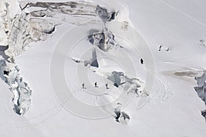 Glacier crevasses and seracs in a snow field in the Mont Blanc a