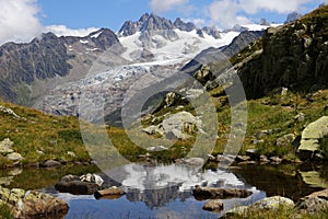 Glacier d`Argentiere reflection in Lac des Cheserys