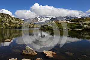 Glacier d`Argentiere reflection in Lac des Cheserys