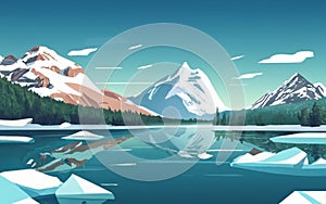 a glacier-fed lake, with icy blue waters surrounded by snow-capped peaks. illustration