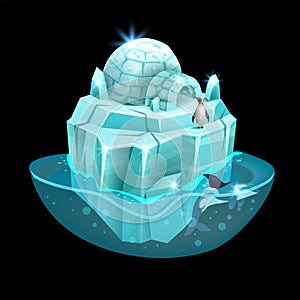 Glacier game island, north igloo house 3D cartoon iceberg, isometric arctic vector ice land.