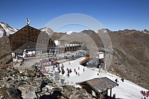 Ski area in Kurzras Maso Corto - View of Glacier Hotel Grawand with start to ski piste photo