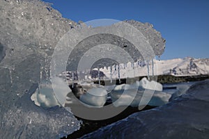 Glacier ice chunks on the black beach at Jokulsarlon, Iceland