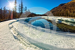 Glacier ice melts in the spring on the river in the mountains