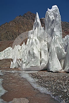 Glacier ice peaks on the slopes of Mt. Aconcagua.