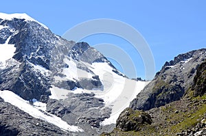 Glacier ice stream rocks and blue sky inside the alps