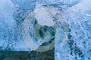 Glacier icebergs and water, close up clear ice