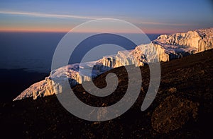 Glacier on Kilimandjaro, Africas highest mountain, during sunrise