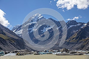 glacier and lake below Mount Cook Aoraki, New Zealand