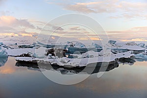 Glacier Lake at sunset with the ice. Iceland suring the sunset.