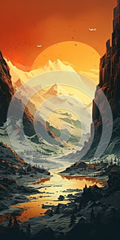 Glacier Landscape Illustration In The Style Of Brent Cotton, Simon Stalenhag, And Alexander Jansson