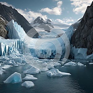 a glacier melting rapidly into the sea. AI generated