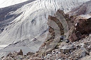 Glacier in the mountains of the Caucasus in summer