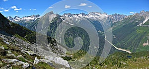 Glacier National Park Landscape Panorama with Purcell Mountains above Rogers Pass, Trans Canada Highway, British Columbia