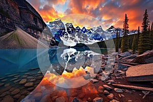 Glacier National Park, Montana, United States of America, Moraine Lake Sunrise Colorful Landscape, AI Generated
