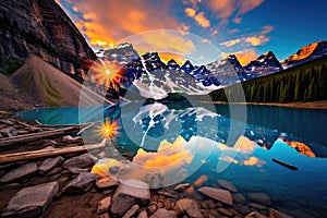 Glacier National Park, Montana, United States of America, Moraine Lake Sunrise Colorful Landscape, AI Generated