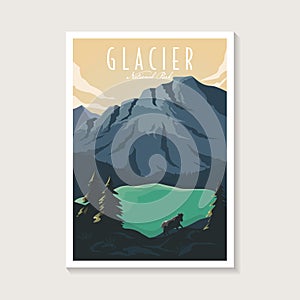 Glacier National Park poster illustration, Beautiful Mountain lake scenery and mountain goat poster