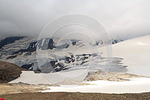 Glacier Pasterze with icefall Hufeisenbruch, crevasses and mountain snow panorama in Glockner Group, Austria