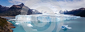 Glacier Perito Moreno panoramic view of ice and mountains in argentina. Los Glaciares National Park