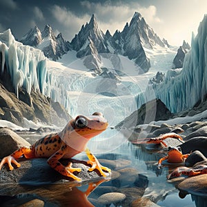 A glacier reflection filter on a family of alpine newts in a m