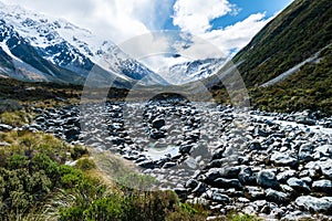 Glacier river flowing away from snow covered peak