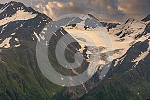 Glacier between rocky mountains above Girdwood, Alaska, USA