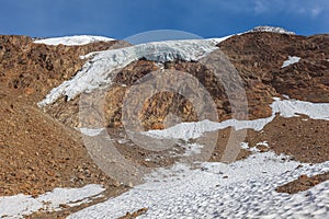 Glacier seracs suspended above a rock drop, Fontana Glacier, Alto Adige, Italy