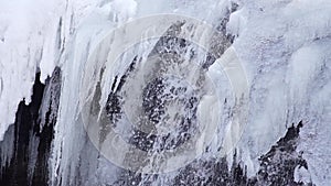 Glacier waterfall close up in winter
