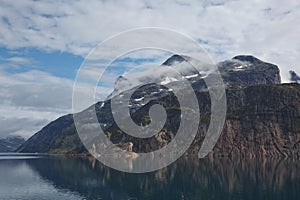 Glaciers and coastline landscape of the Prince Christian Sund Passage in Greenland