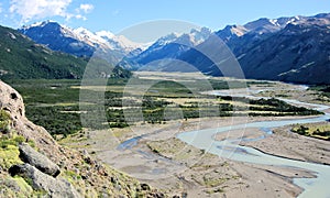 Glaciers National Park with La Vuelta river and snowy glacier peaks, Argentina