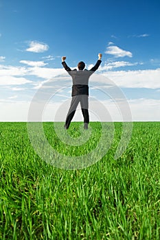 Glad businessman standing at the green grass