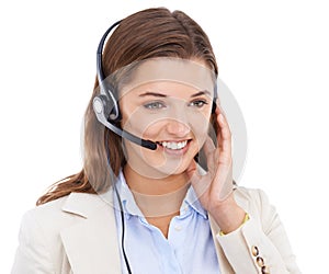 Glad we could help. Studio shot of a young female customer service representative talking on a headset.