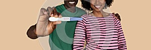 Glad millennial black couple show positive pregnancy test, isolated on beige background, studio, panorama