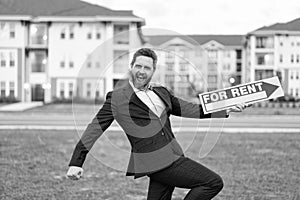 glad renter adviser man hold board for rent sign. rent house with renter adviser man