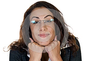 Glad woman with chin over hands