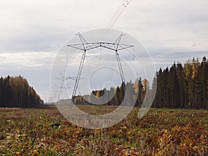 Glade in the autumn forest with the supports of power lines.