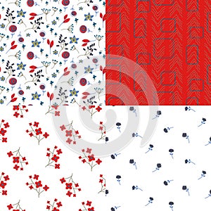 Glade filed small flowers and abstract red seamless vector pattern set.