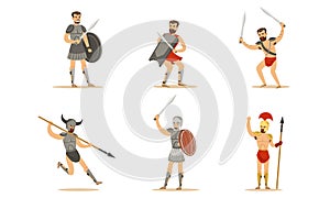 Gladiator The Armed Combatant Of Roman Empire Vector Illustration Set Isolated On White Background photo