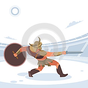 Gladiator in a battle. Vector isolated illustration. Flat cartoon style