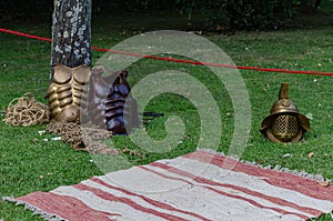 gladiator breastplates and helmet at a historical reenactment party event