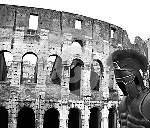 Gladiator and colloseum in black and white