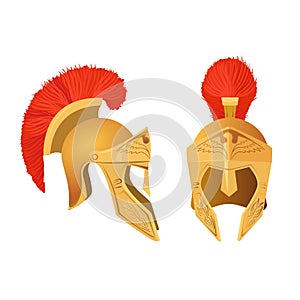 Gladiator helmet set. Roman ancient military armoring for head. Vector