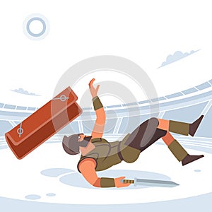 Gladiator lost in gladiatorial combat. Warrior`s death. Vector isolated illustration. Flat cartoon style